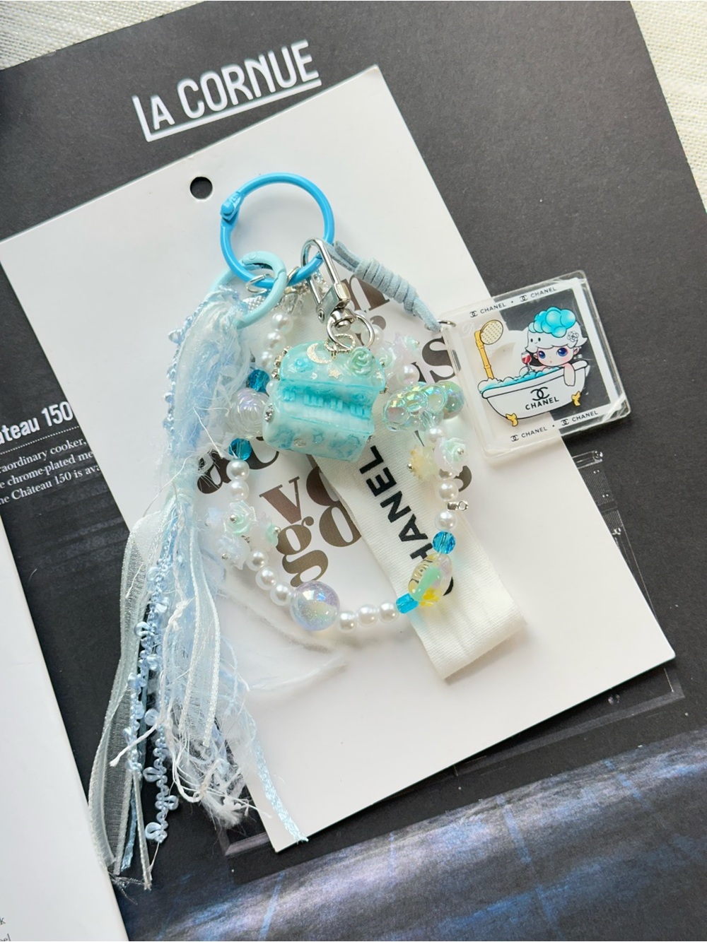 Authentic CC Ribbon with Blue Piano Charm Keyring with Beads & Tassels